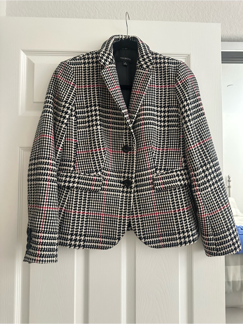 Talbots Black & White Houndstooth Blazer with Red Accents